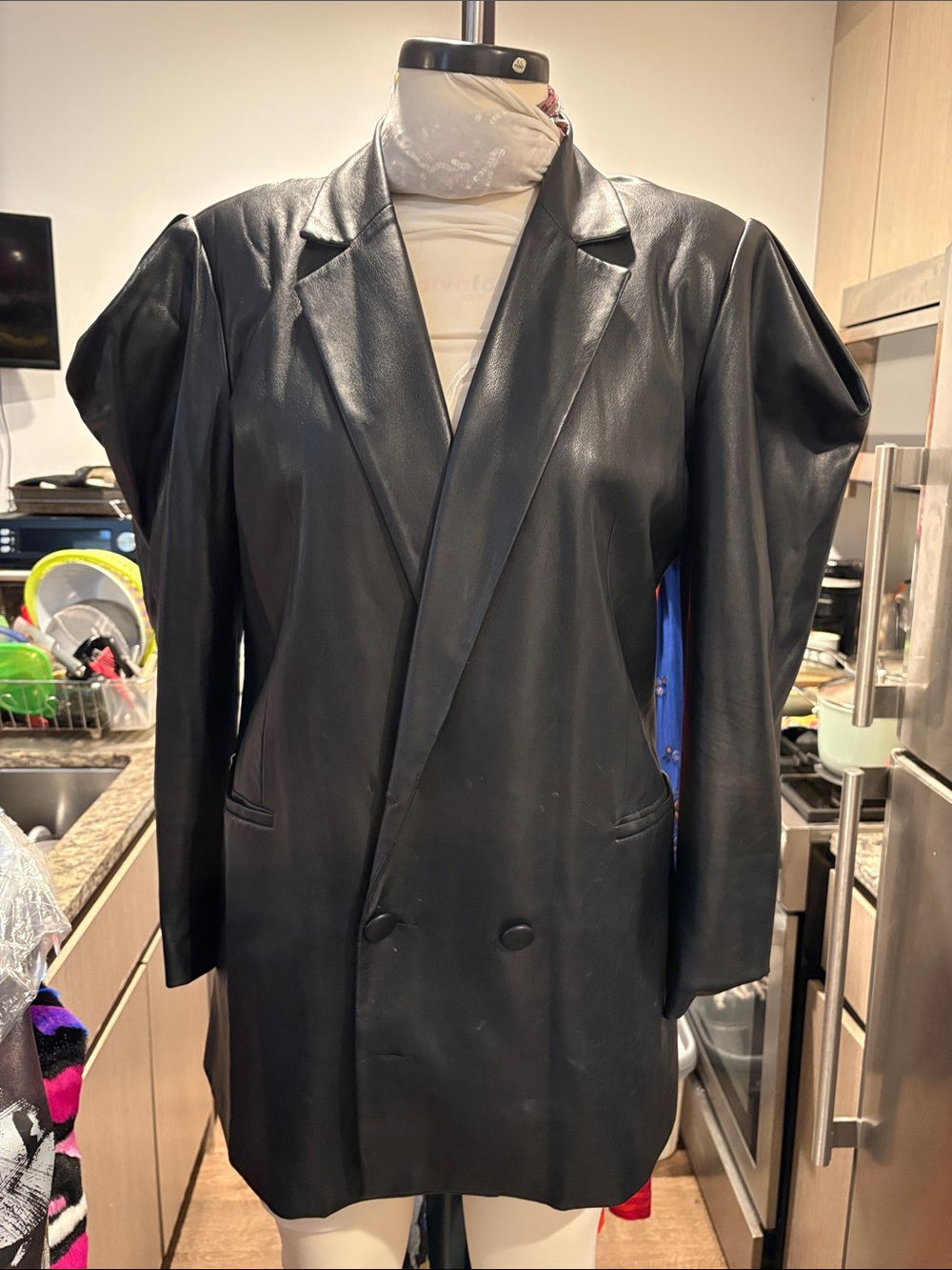 INC International Concepts Black Faux Leather Double-Breasted Pea Coat